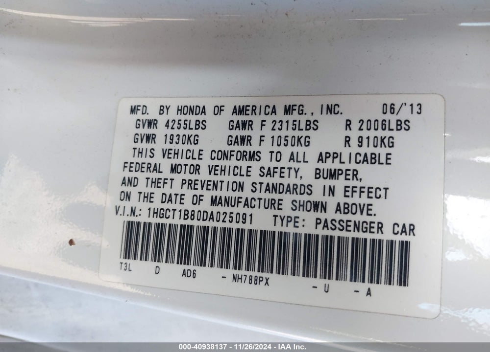 2013 HONDA ACCORD EX-L VIN: 1HGCT1B80DA025091