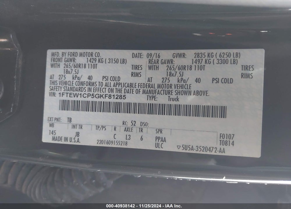 2016 FORD F-150 VIN: 1FTEW1CP5GKF81285