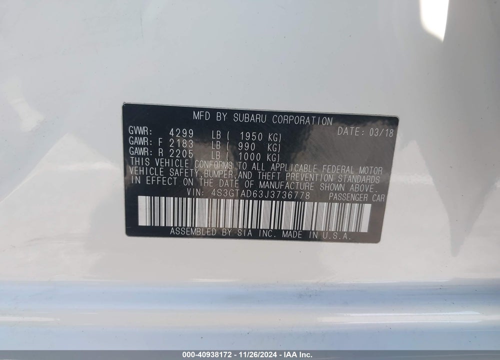 2018 SUBARU IMPREZA 2.0I PREMIUM VIN: 4S3GTAD63J3736778