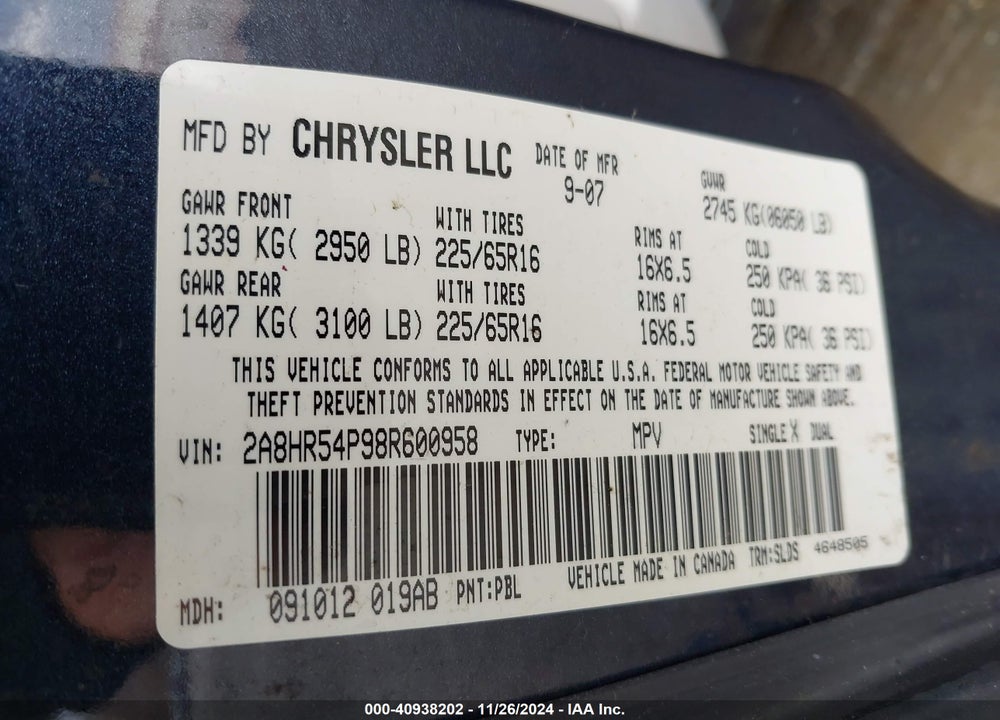 2008 CHRYSLER TOWN & COUNTRY TOURING VIN: 2A8HR54P98R600958