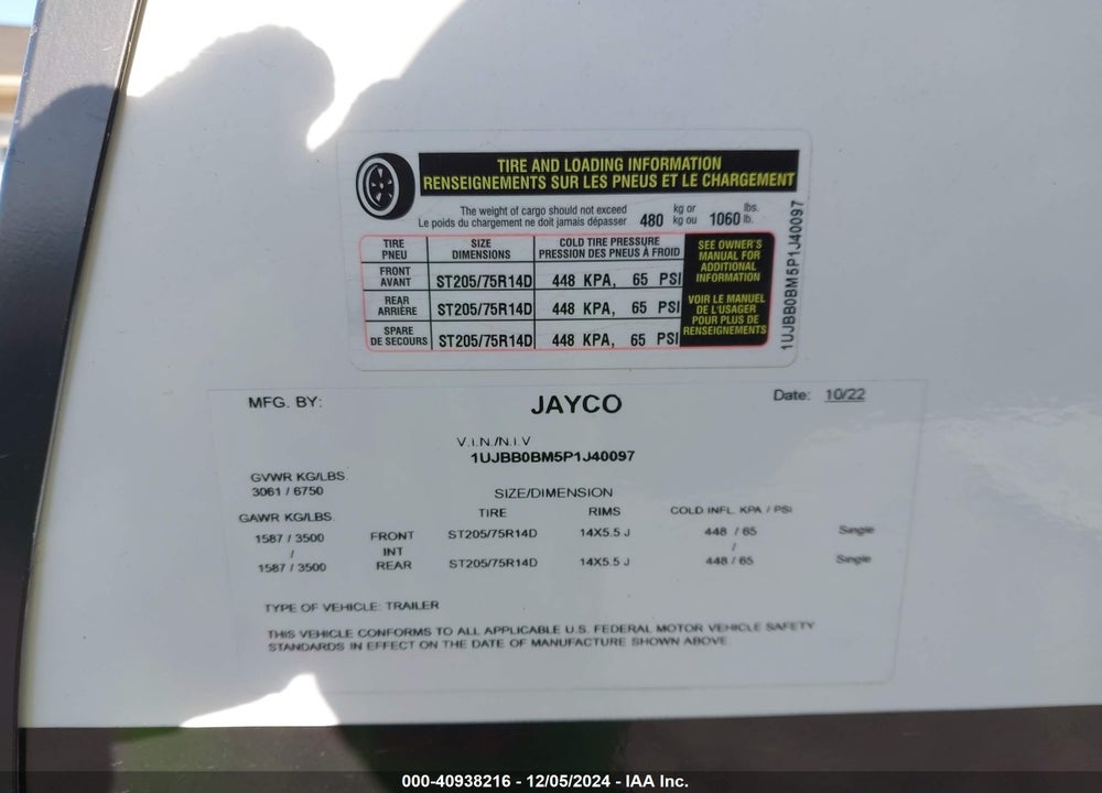 2023 JAYCO JAY FLIGHT TRAVEL TRAILER VIN: 1UJBB0BM5P1J40097