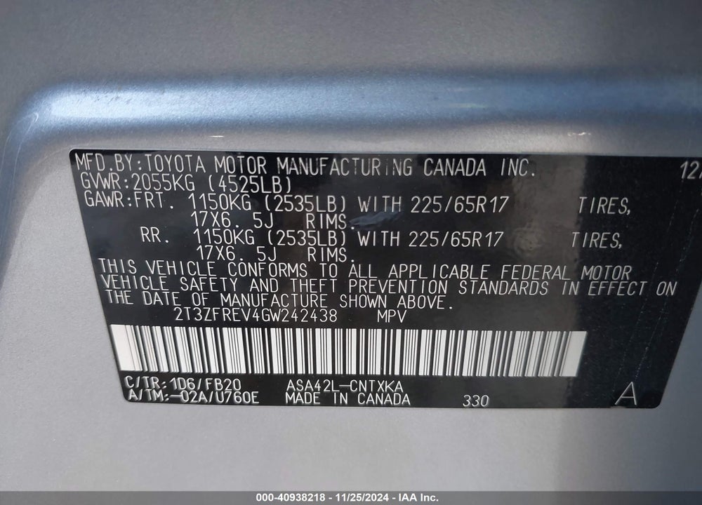 2016 TOYOTA RAV4 LE VIN: 2T3ZFREV4GW242438
