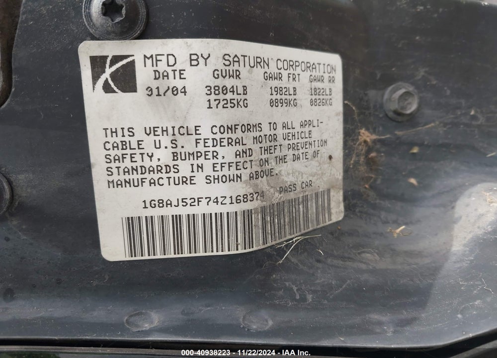 2004 SATURN ION 2 VIN: 1G8AJ52F74Z168374
