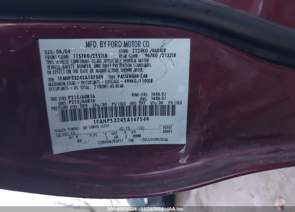 2005 FORD TAURUS SE VIN: 1FAHP53245A147549