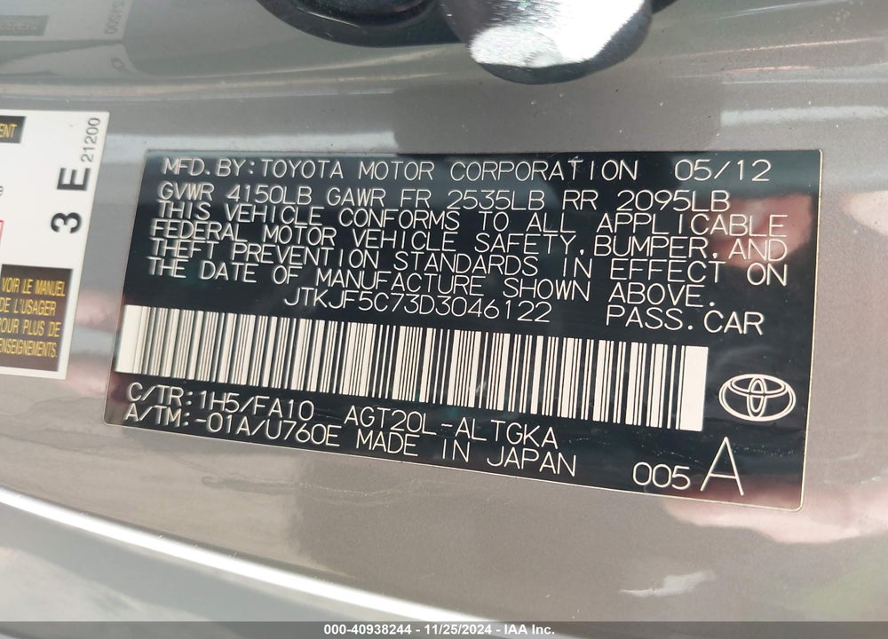 2013 SCION TC VIN: JTKJF5C73D3046122