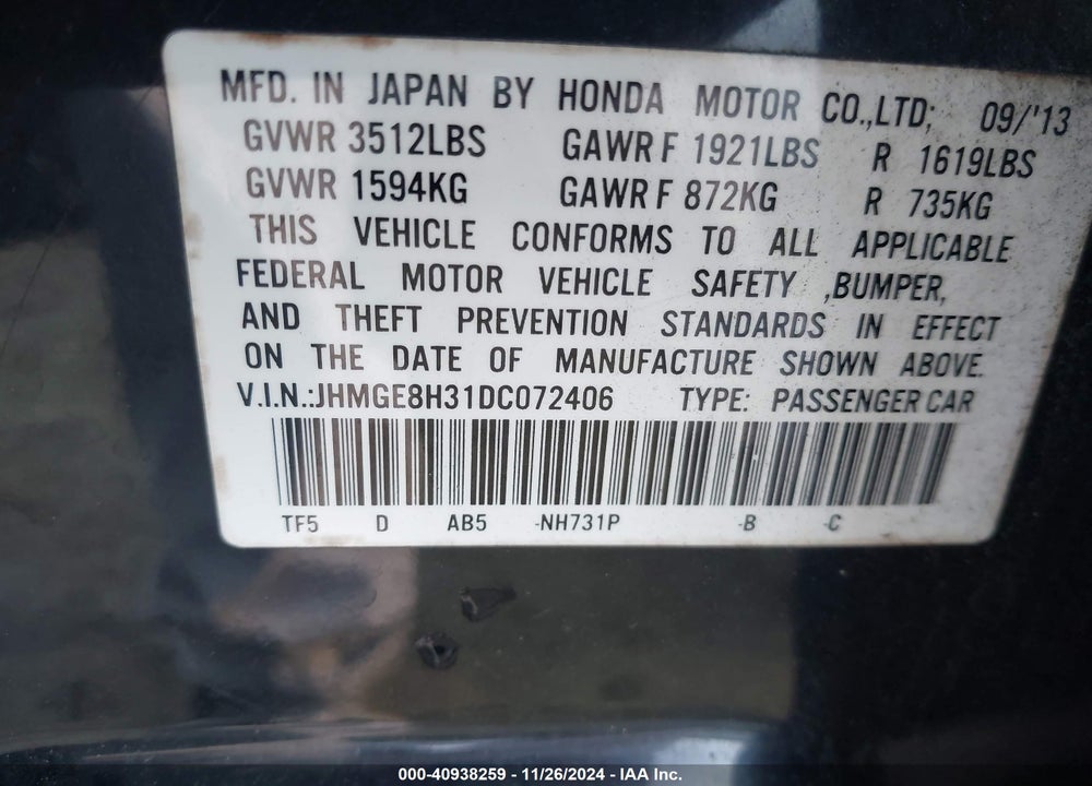 2013 HONDA FIT VIN: JHMGE8H31DC072406