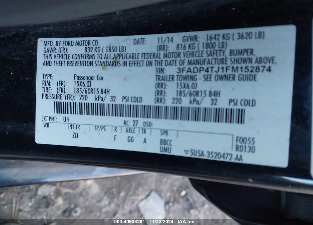 2015 FORD FIESTA S VIN: 3FADP4TJ1FM152874