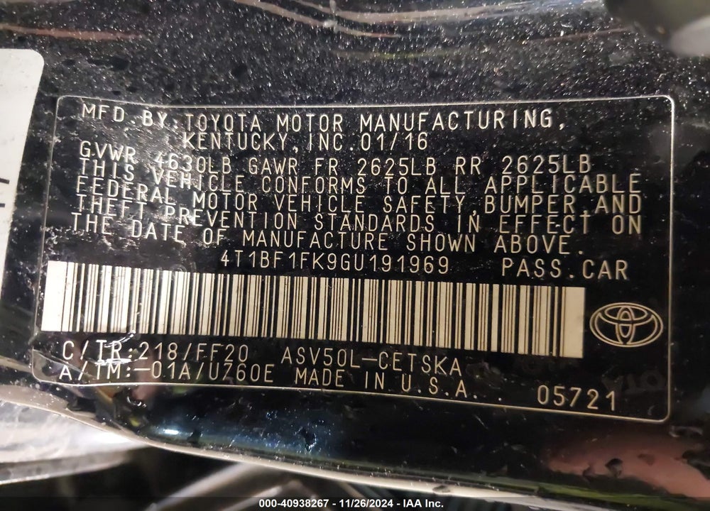 2016 TOYOTA CAMRY SE VIN: 4T1BF1FK9GU191969