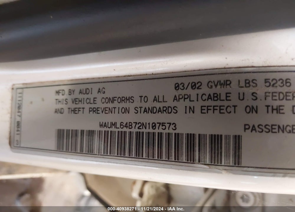 2002 AUDI A6 4.2L VIN: WAUML64B72N107573