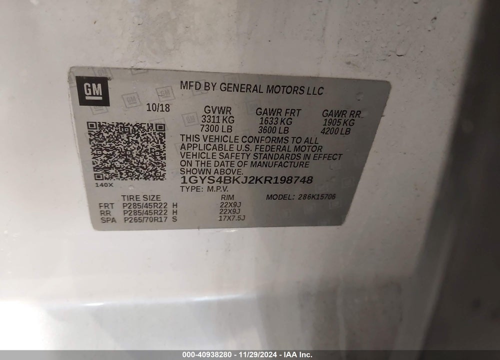 2019 CADILLAC ESCALADE LUXURY VIN: 1GYS4BKJ2KR198748