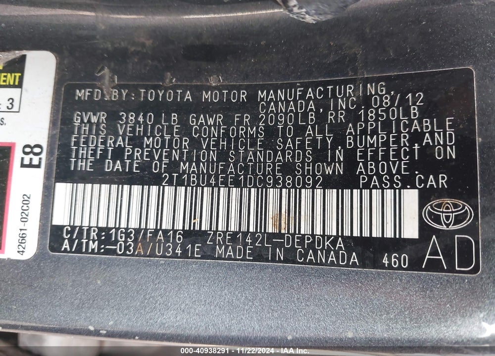 2013 TOYOTA COROLLA L VIN: 2T1BU4EE1DC938092