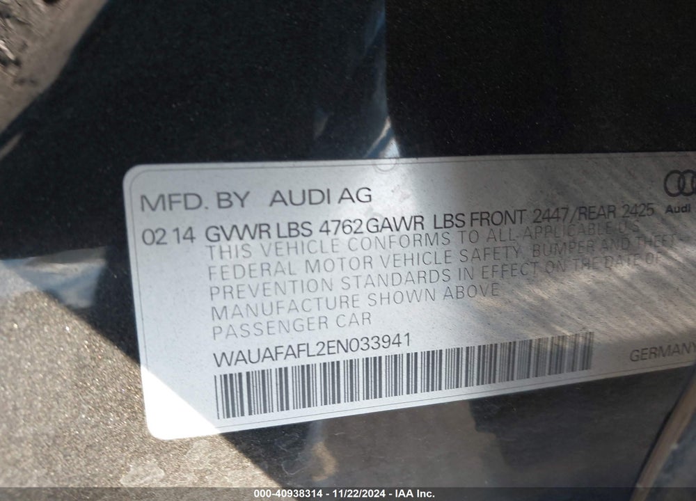 2014 AUDI A4 2.0T PREMIUM VIN: WAUAFAFL2EN033941