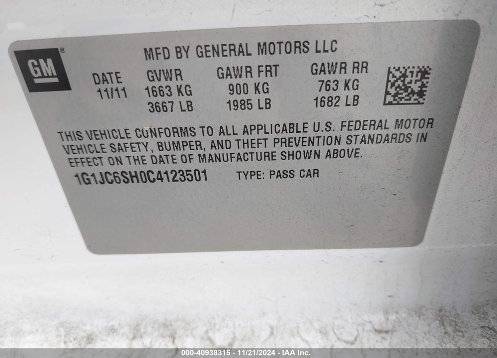 2012 CHEVROLET SONIC 2LT VIN: 1G1JC6SH0C4123501