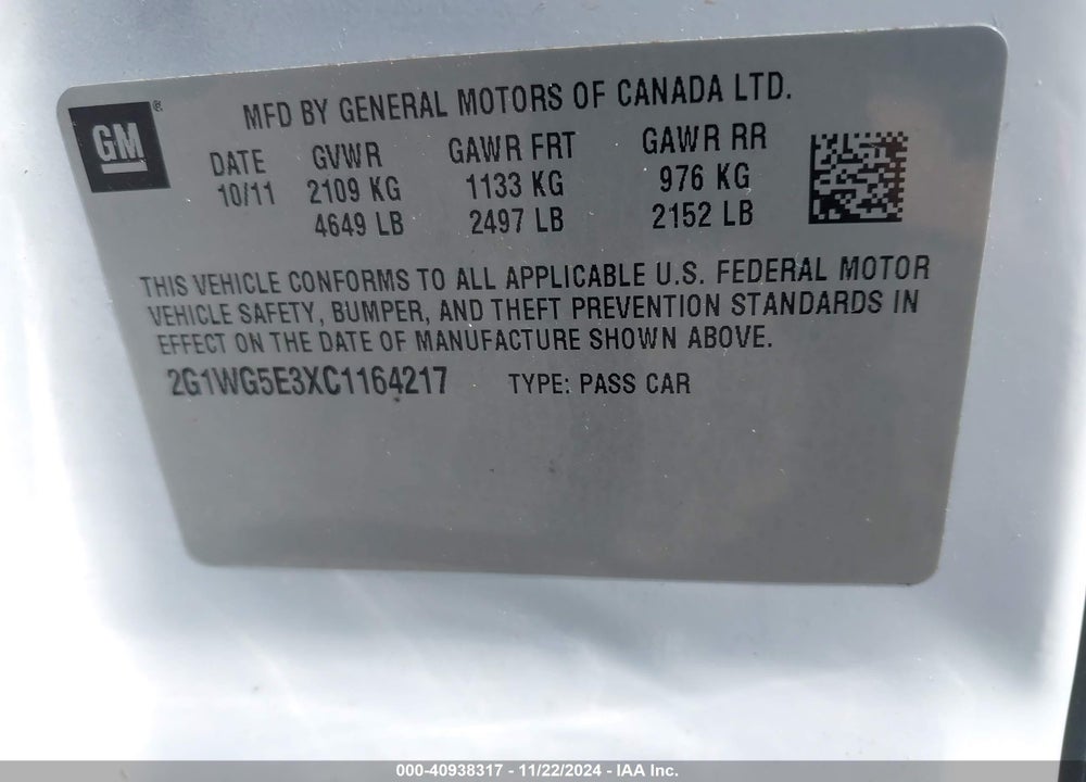 2012 CHEVROLET IMPALA LT VIN: 2G1WG5E3XC1164217