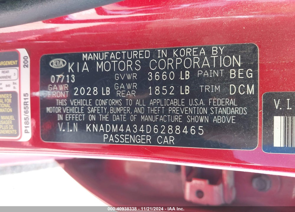 2013 KIA RIO LX VIN: KNADM4A34D6288465