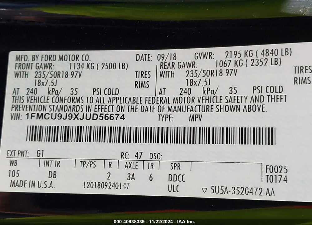 2018 FORD ESCAPE TITANIUM VIN: 1FMCU9J9XJUD56674