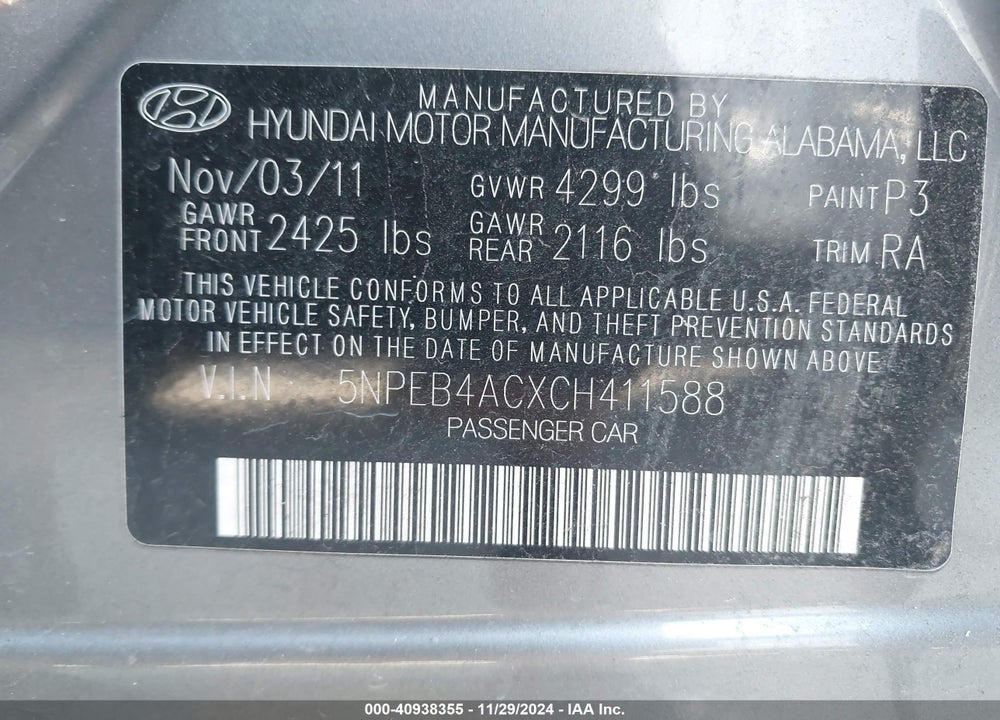 2012 HYUNDAI SONATA GLS VIN: 5NPEB4ACXCH411588