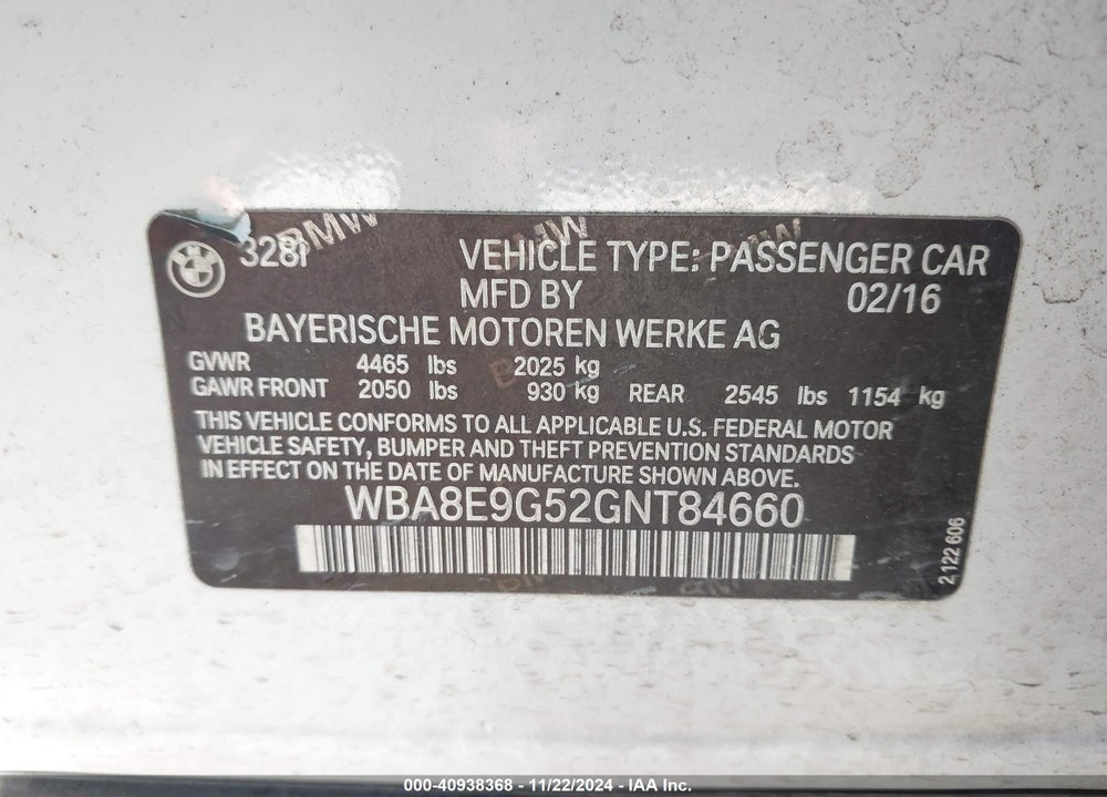 2016 BMW 328I VIN: WBA8E9G52GNT84660