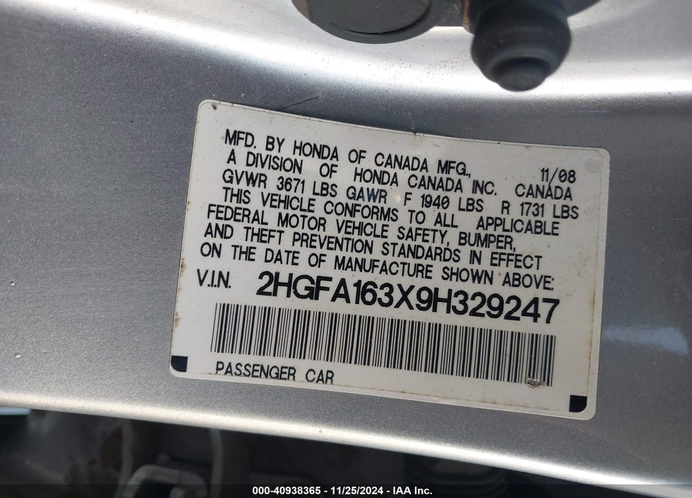2009 HONDA CIVIC VP VIN: 2HGFA163X9H329247