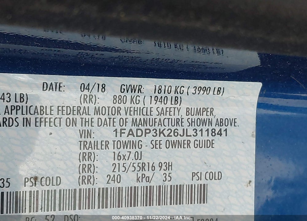 2018 FORD FOCUS SE VIN: 1FADP3K26JL311841