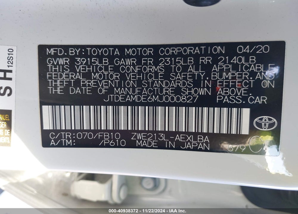 2021 TOYOTA COROLLA HYBRID LE VIN: JTDEAMDE6MJ000827