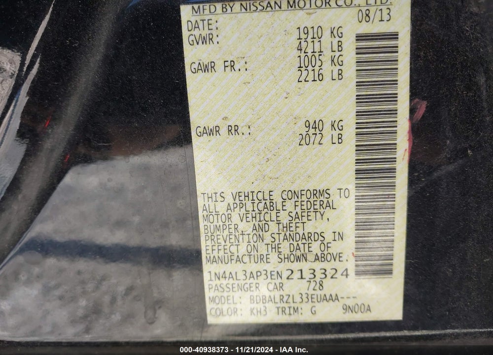 2014 NISSAN ALTIMA 2.5 S VIN: 1N4AL3AP3EN213324