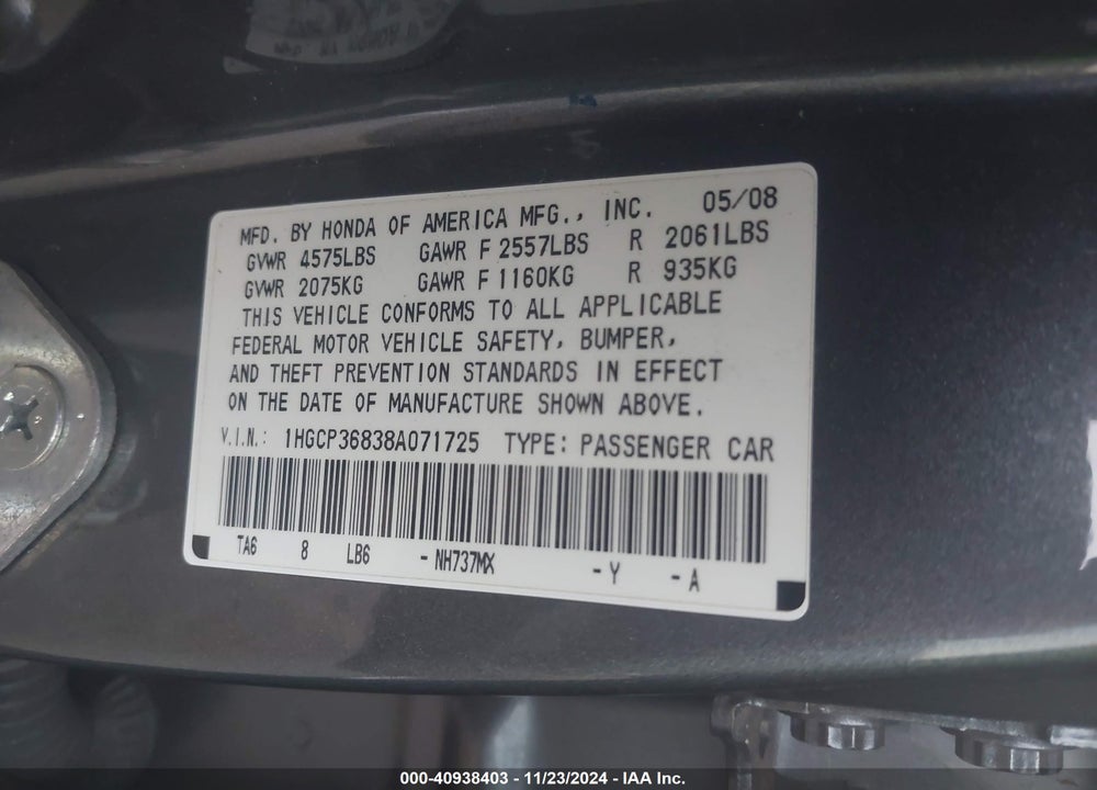 2008 HONDA ACCORD 3.5 EX-L VIN: 1HGCP36838A071725