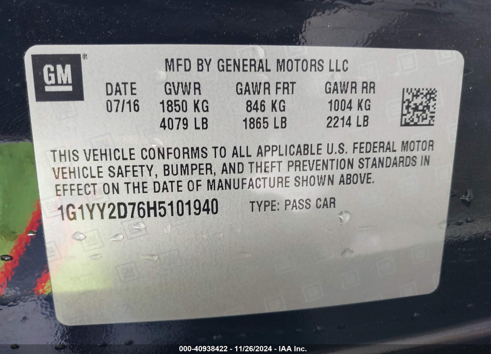 2017 CHEVROLET CORVETTE GRAND SPORT VIN: 1G1YY2D76H5101940
