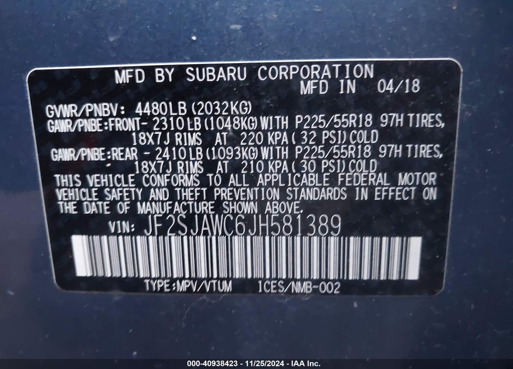 2018 SUBARU FORESTER 2.5I TOURING VIN: JF2SJAWC6JH581389