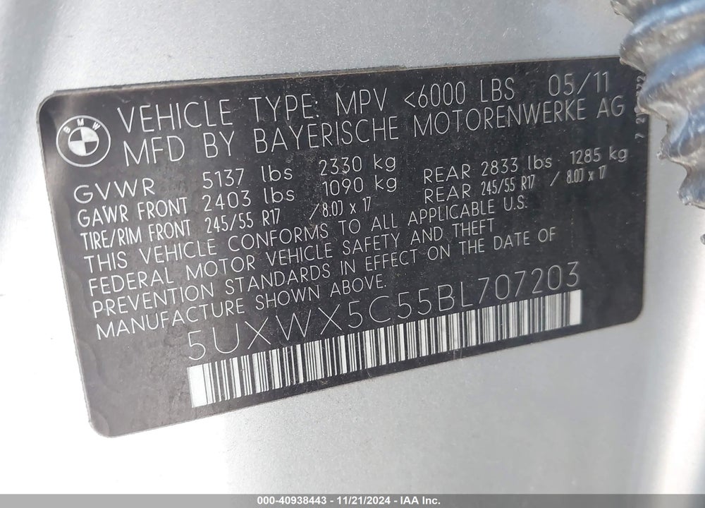 2011 BMW X3 XDRIVE28I VIN: 5UXWX5C55BL707203
