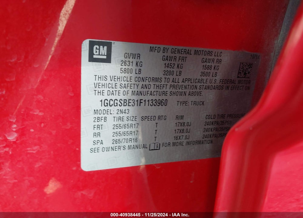 2015 CHEVROLET COLORADO LT VIN: 1GCGSBE31F1133960