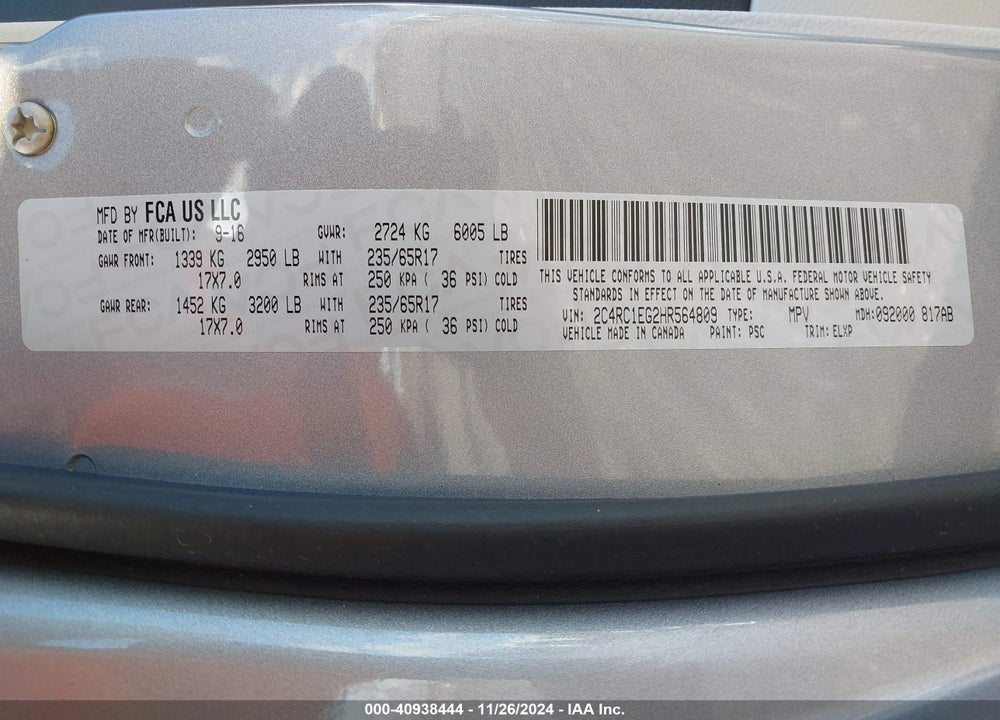 2017 CHRYSLER PACIFICA TOURING L PLUS VIN: 2C4RC1EG2HR564809