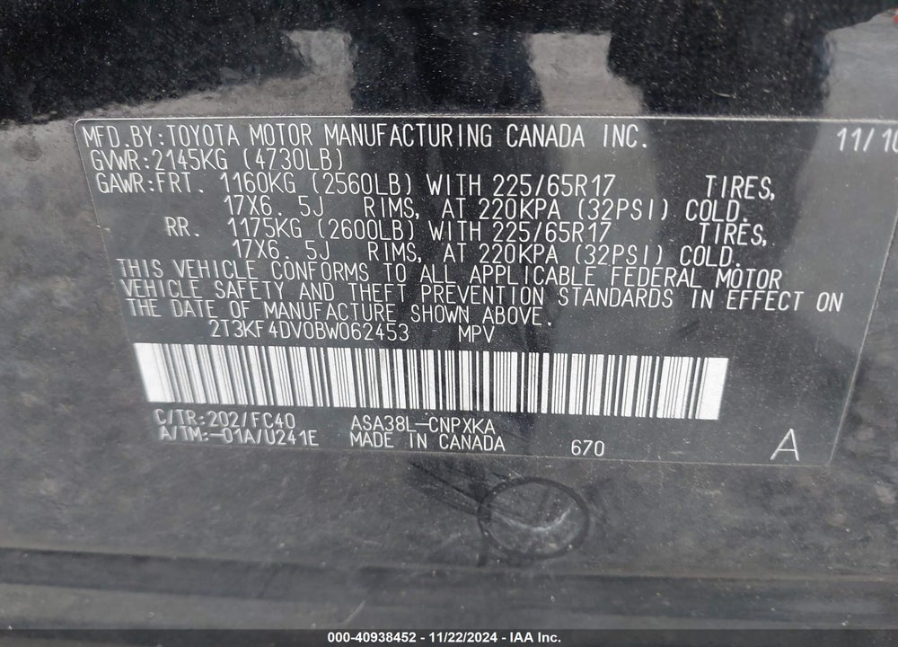 2011 TOYOTA RAV4 VIN: 2T3KF4DV0BW062453