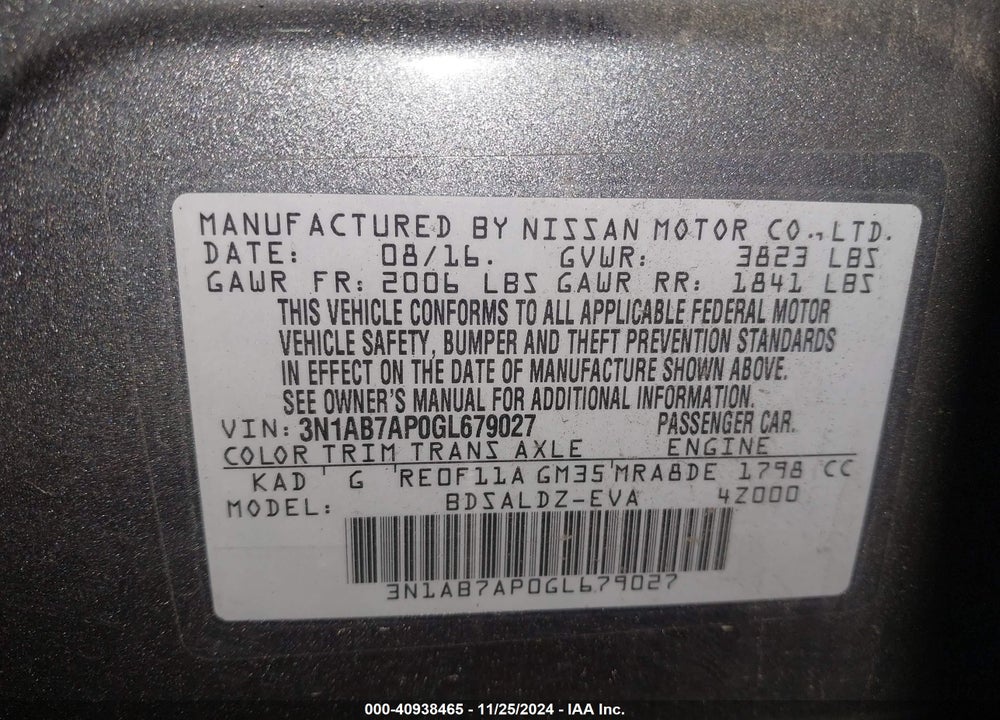 2016 NISSAN SENTRA SV VIN: 3N1AB7AP0GL679027