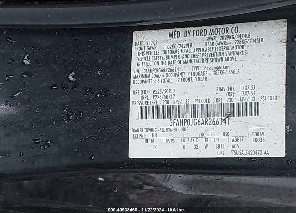2010 FORD FUSION SEL VIN: 3FAHP0JG6AR266141