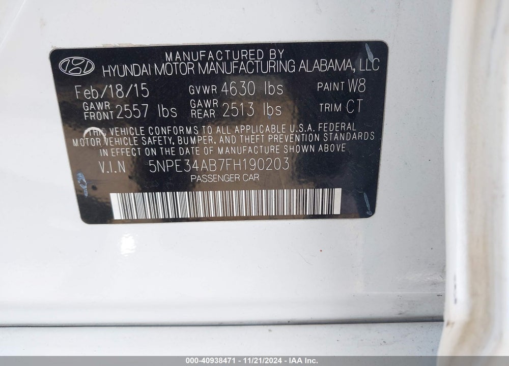 2015 HYUNDAI SONATA LIMITED 2.0T VIN: 5NPE34AB7FH190203