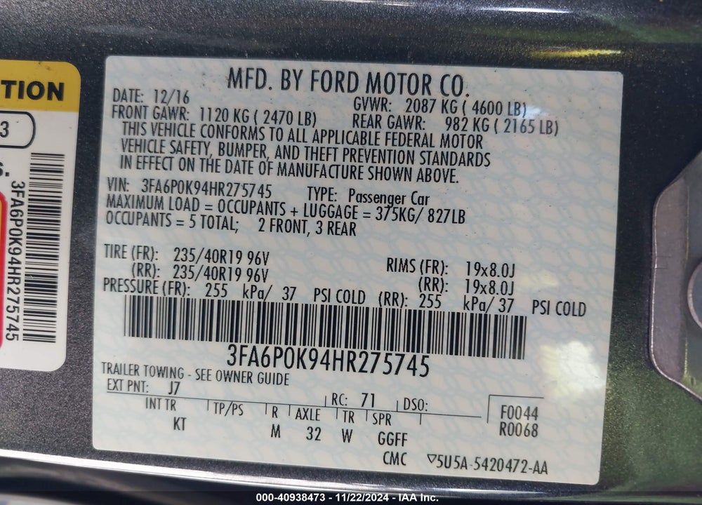 2017 FORD FUSION TITANIUM VIN: 3FA6P0K94HR275745