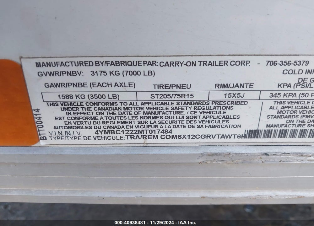 2021 COMMANDER TRAILER VIN: 4YMBC1222MT017484