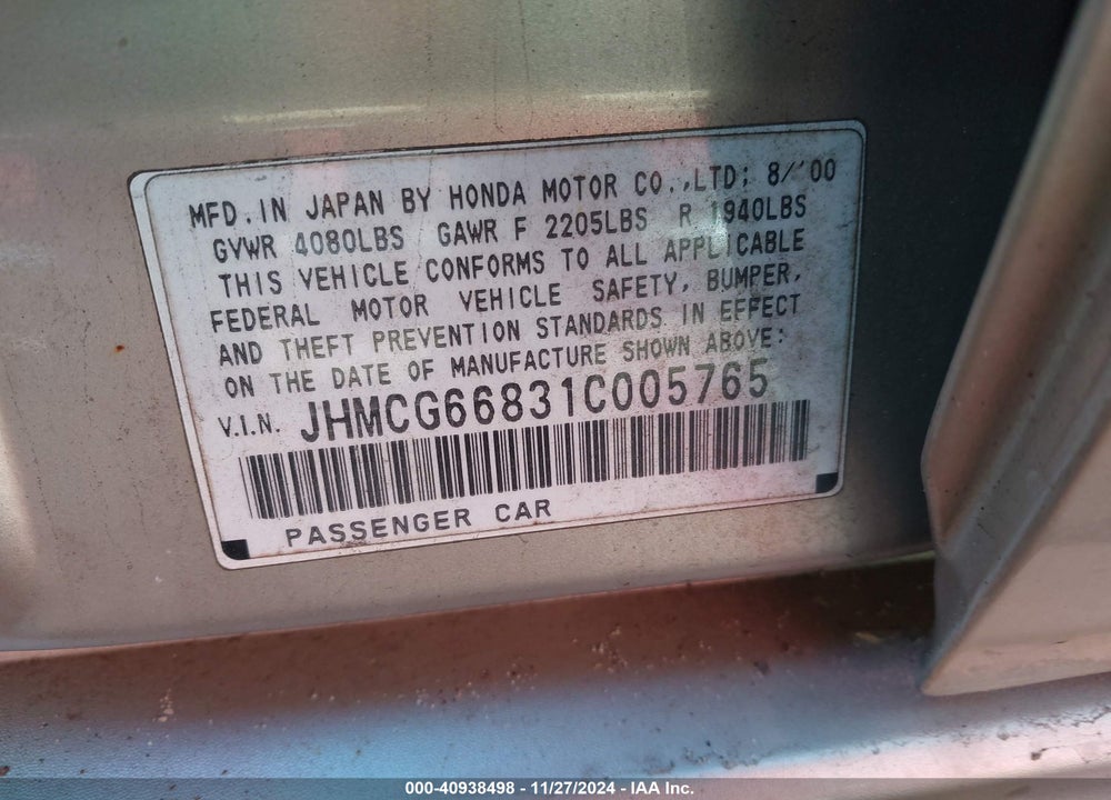 2001 HONDA ACCORD 2.3 EX VIN: JHMCG66831C005765