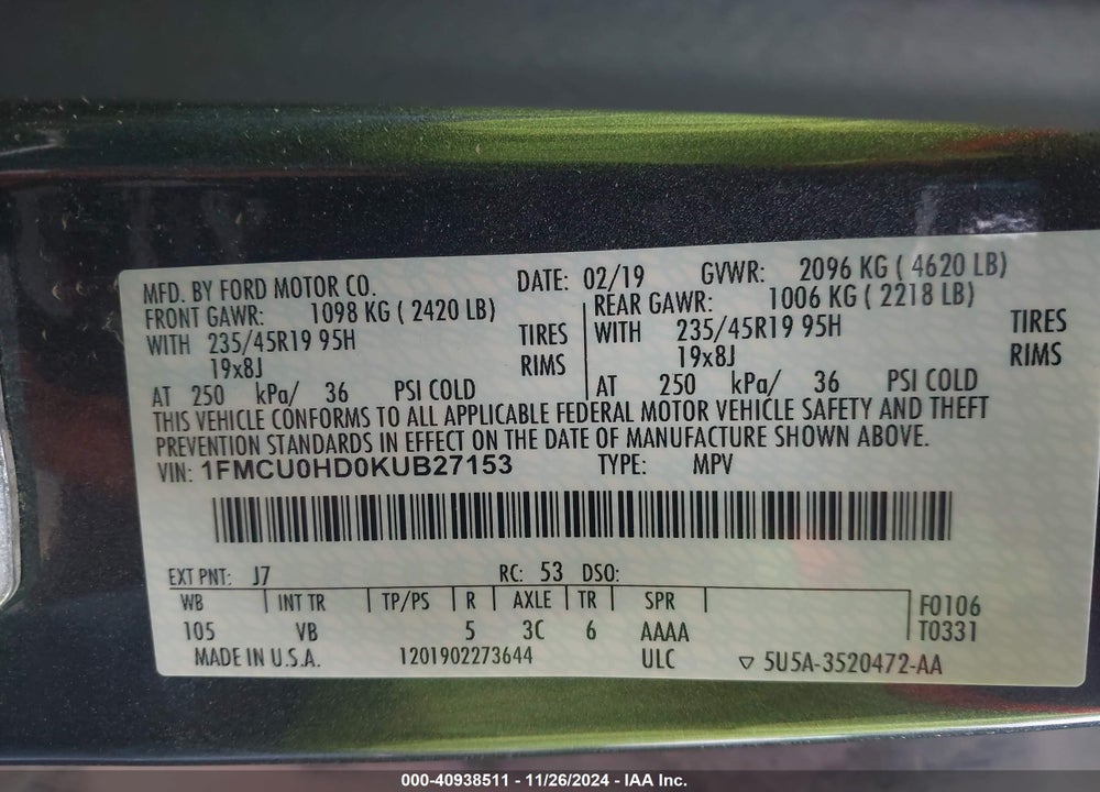 2019 FORD ESCAPE SEL VIN: 1FMCU0HD0KUB27153