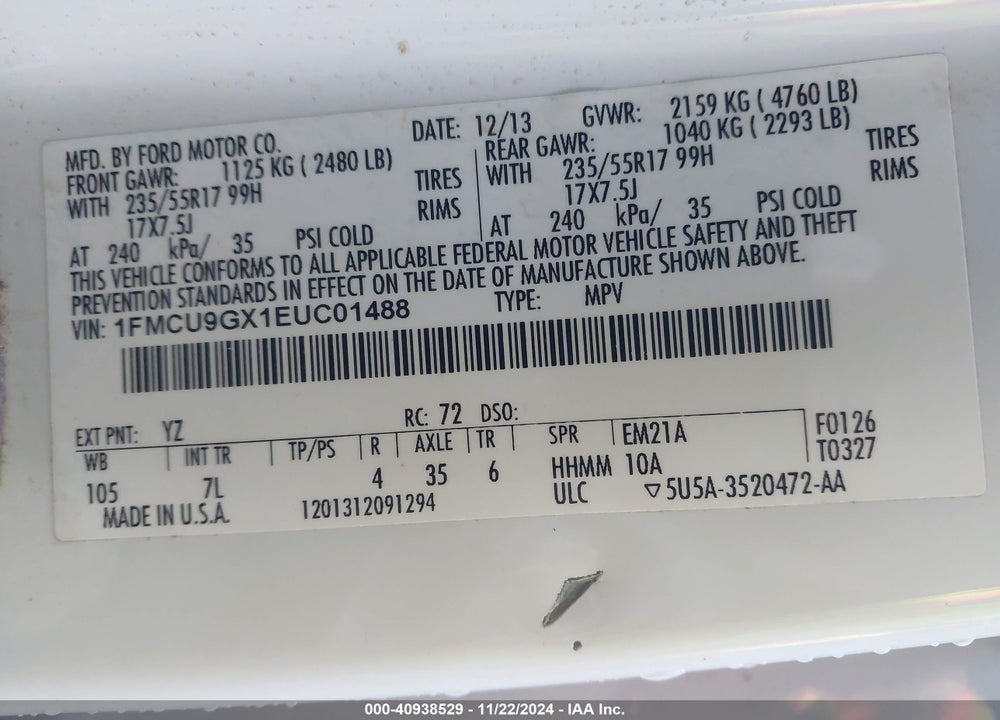2014 FORD ESCAPE SE VIN: 1FMCU9GX1EUC01488