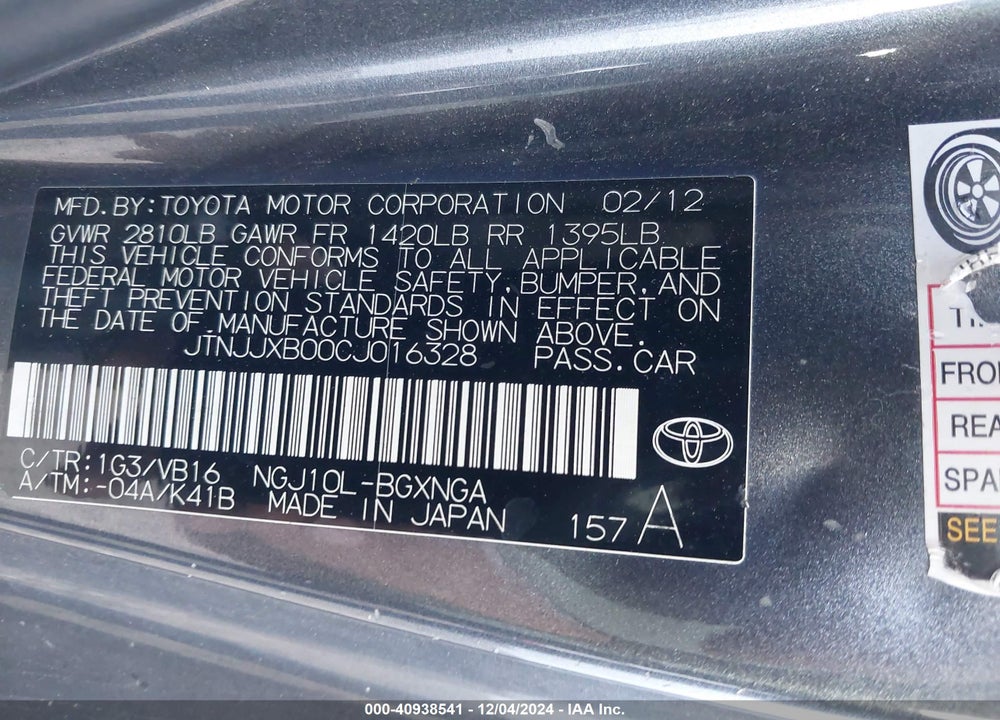 2012 SCION IQ VIN: JTNJJXB00CJ016328