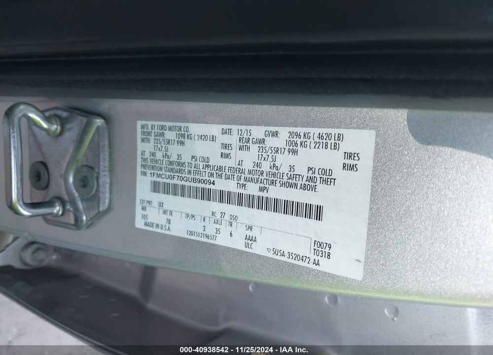 2016 FORD ESCAPE S VIN: 1FMCU0F70GUB90094