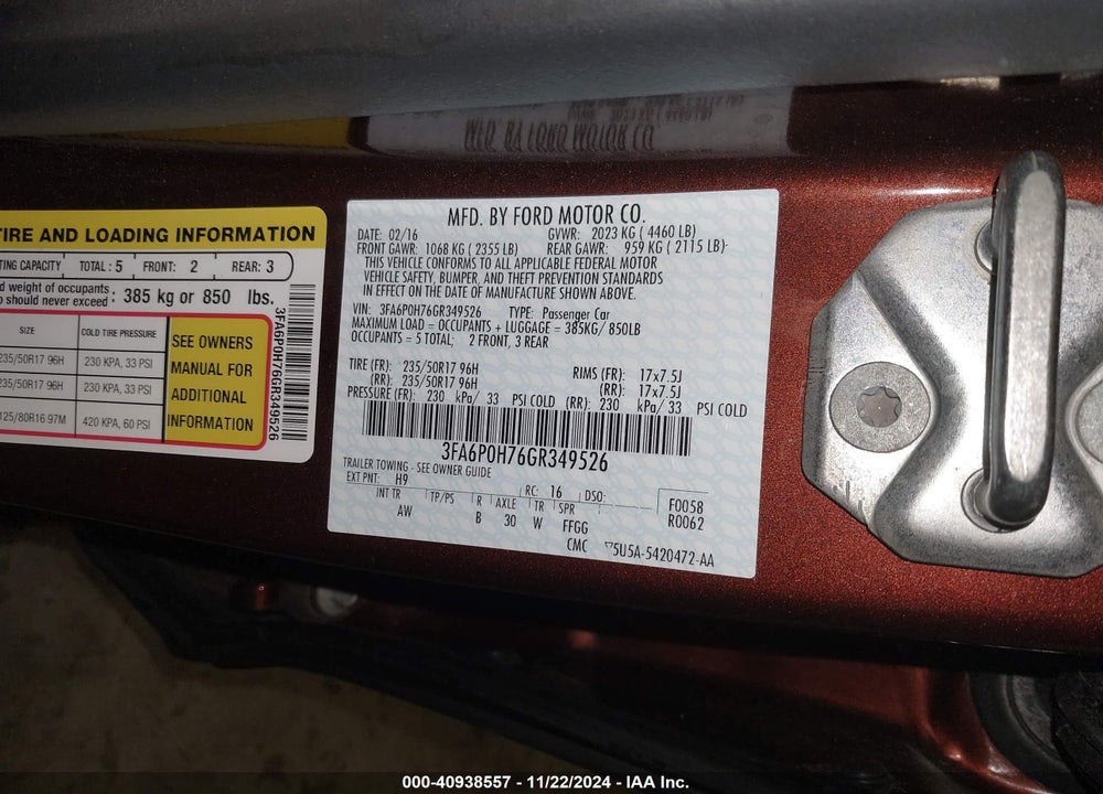 2016 FORD FUSION SE VIN: 3FA6P0H76GR349526