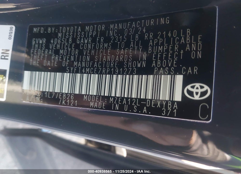 2024 TOYOTA COROLLA XSE VIN: 5YFT4MCE7RP191273