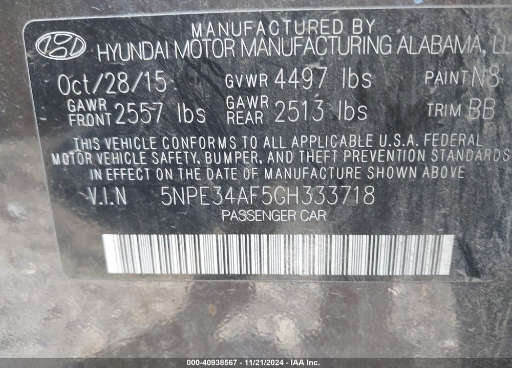 2016 HYUNDAI SONATA SPORT VIN: 5NPE34AF5GH333718