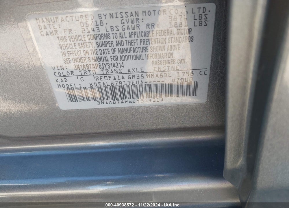 2018 NISSAN SENTRA S VIN: 3N1AB7AP6JY314314