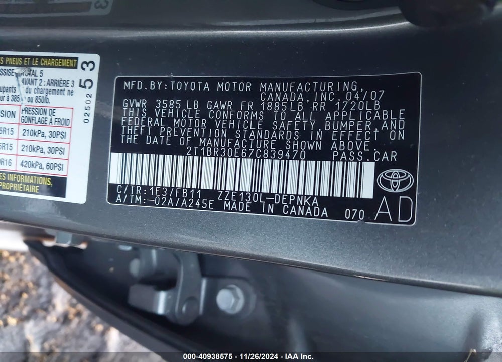 2007 TOYOTA COROLLA LE VIN: 2T1BR30E67C839470