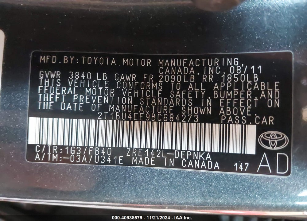 2011 TOYOTA COROLLA VIN: 2T1BU4EE9BC684273
