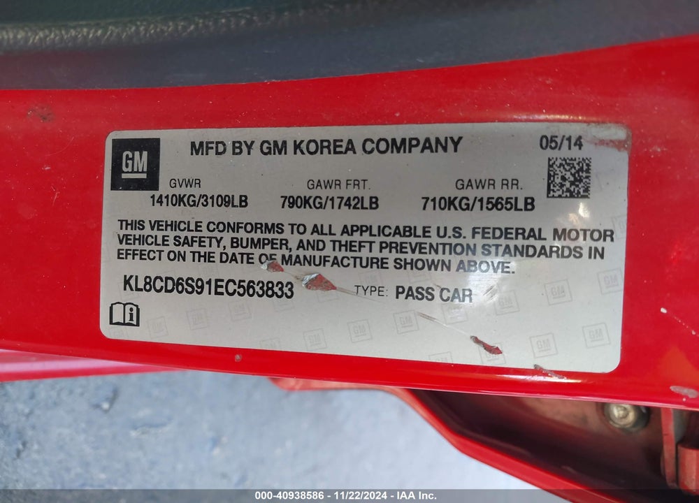2014 CHEVROLET SPARK VIN: KL8CD6S91EC563833